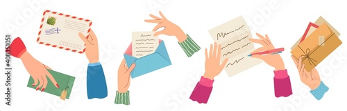 Hands sending letter. Female hand holding envelopes with stamps, write and read paper letters. Trendy post cards, mail delivery vector set. Envelope mail correspondence in hands illustration