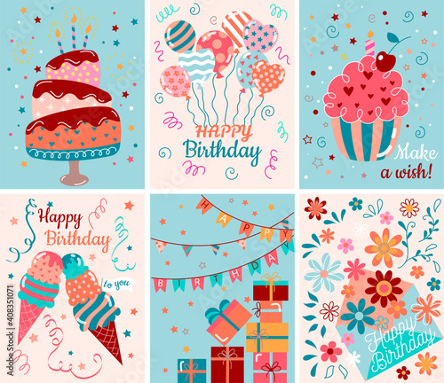 Happy birthday greeting card or party invitation set, flat cartoon vector illustration, hand drawn style.