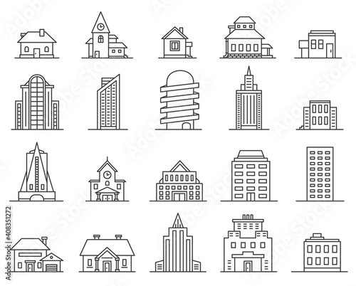Line skyscrapers and houses. Outline city and town building. Real estate icon. Modern architecture and cottage  thin linear urban vector set. Illustration building apartment  office and  skyscraper