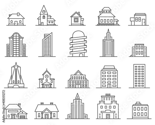 Line skyscrapers and houses. Outline city and town building. Real estate icon. Modern architecture and cottage, thin linear urban vector set. Illustration building apartment, office and, skyscraper