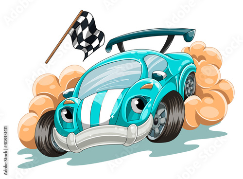 A cartoon racing car rushes along the track trying to win the race. Cartoon vector illustration for children. Race car typography t-shirt graphic isolated white background
