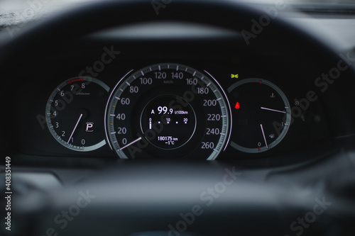 black speedometer in car close up 