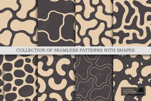 Collection of seamless patterns with abstract shapes. Brown creative vector backgrounds. Drawing trendy endless textures. You can find repeatable design in swatches panel