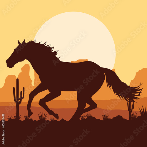 horse black running animal in the desert landscape