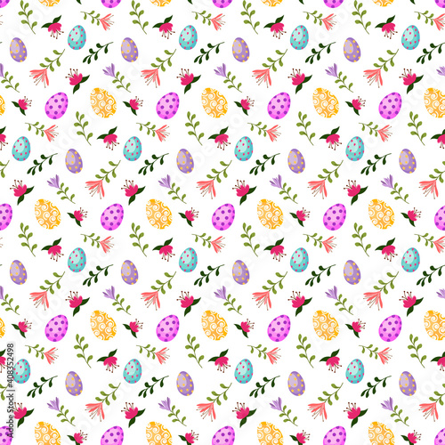 Pattern with multi-colored Easter eggs and flowers. Vector illustration isolated on white background. Design for packaging goods and gifts, fabrics and decor.