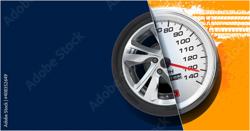 Car tire background. Speed race. Speedometer with isolated wheel. Change a car tires from summer for winter. Realistic vector. Information. Store. Action. Landscape poster, digital banner, flyer.