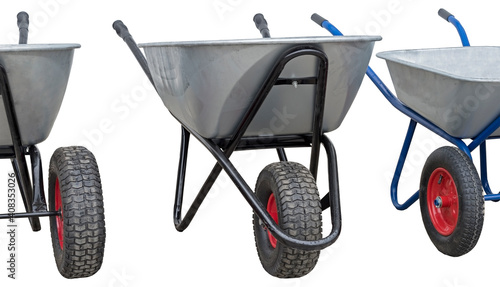 Fényképezés Garden metal wheelbarrow cart isolated on white