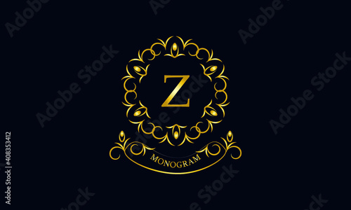 Stylish decorative monogram with a possible inscription and the letter Z. Exclusive gold logo on a dark background for a cafe, a symbol of business, restaurant, hotel, invitations, menus, labels, fash
