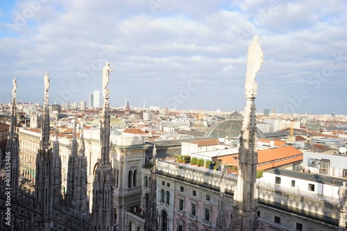 City view from Milan Cathedral or Milan Duomo aka Duomo di Milano in Italy - ドゥオーモ ミラノ大聖堂 屋上からの 街並み イタリア
