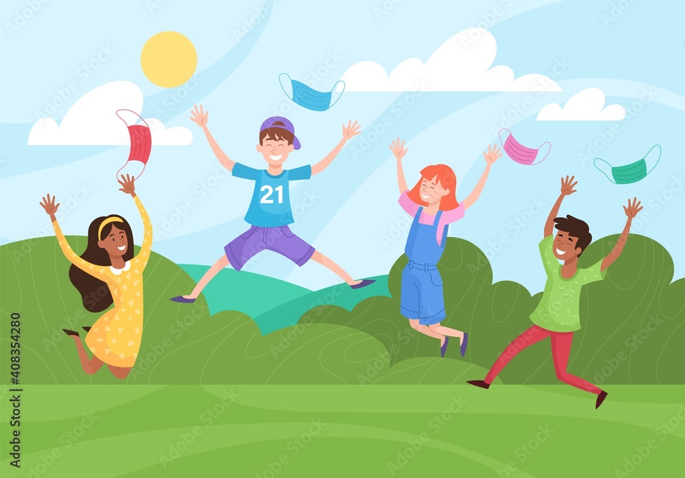 Diverse cute multiracial kids jumping and throwing up their face masks celebrating the start of the covid 19 vaccination. Flat cartoon vector illustration with fictional characters