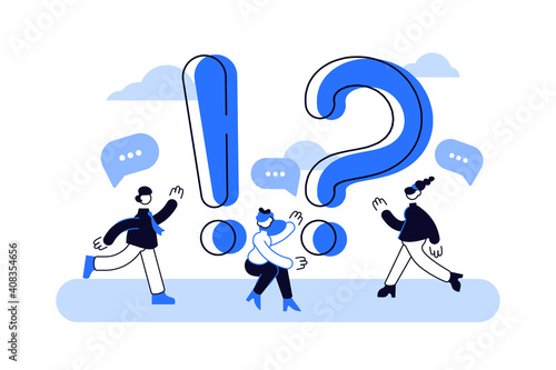 Woman and Man standing near Exclamations and Question