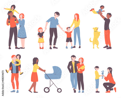 Collection of families walking together. Set of diverse mothers, fathers and children spending time together. Bundle of parents and kids isolated on white background. Flat cartoon vector illustration
