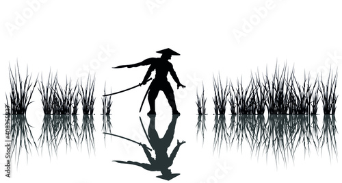  Illustration with samurai, oriental style, solid colors. Vector graphics.