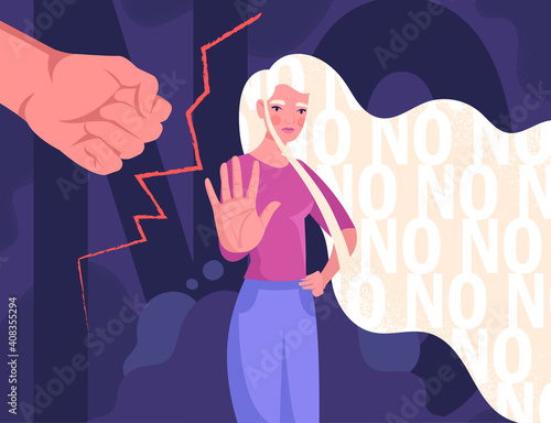 Female abuse abstract concept. Strong woman confronts domestic violence and violent treatment of women. Stop violence against women. A big fist threatens a girl. Flat cartoon vector illustration