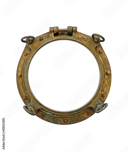Aerial view Golden ship porthole window isolated on white background. Old brassy ship round window. Brass hole, hinged round window for wall decoration.