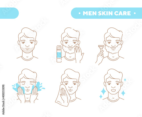 Men skin care concept. Male character shaving beard and taking care of his facial skin. Stubble with razor, applying shaving foam and lotion. Set of outline vector Illustrations