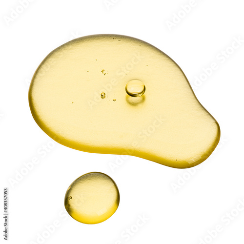 Drops of cosmetic gel or oil. Healing serum isolated on white. Path saved.