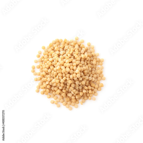 Heap of small round ptitim pasta isolated on white background