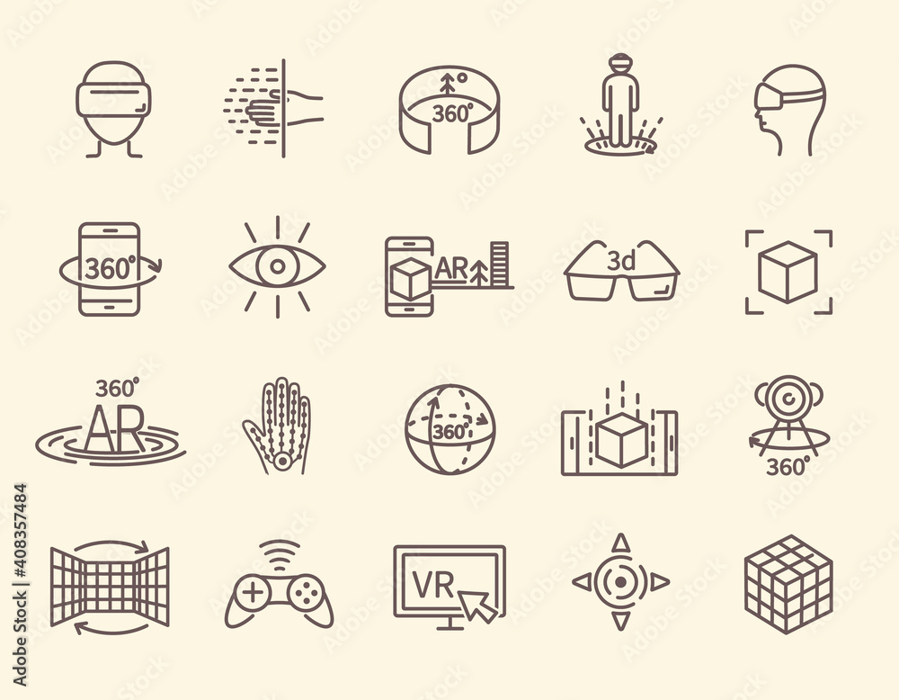 AR and VR line icon set. Virtual and augmented reality outline icons ...