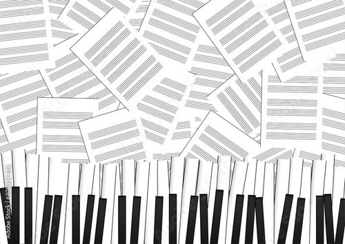 Vector : Piano and music sheets on black background