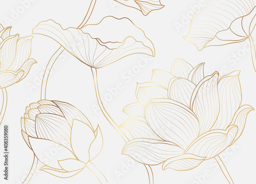 Gold wallpaper luxury design with lotus flower and leaf. Nelumbo lotos golden line arts. Floral design for poster, cover, fabric prints. Vector illustration