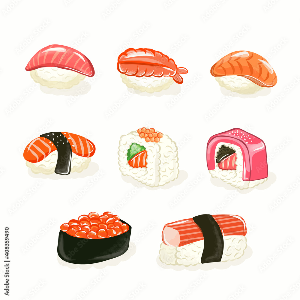 Sushi roll set. Sushi rolls flat food and japanese seafood sushi rolls. Asia cuisine restaurant delicious Sushi roll set. Sushi rolls flat food and japanese seafood sushi rolls. Asia cuisine restaurant delicious