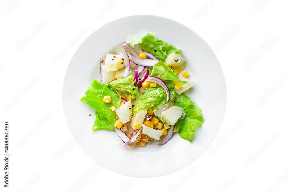 vegetable salad potato with corn lettuce and corn on the table for healthy meal snack outdoor top view copy space for text food background image rustic vegetable salad potato with corn lettuce and corn on the table for healthy meal snack outdoor top view copy space for text food background image rustic