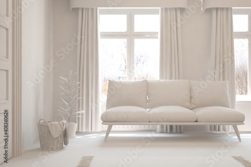 White minimalist living room with sofa. Scandinavian interior design. 3D illustration