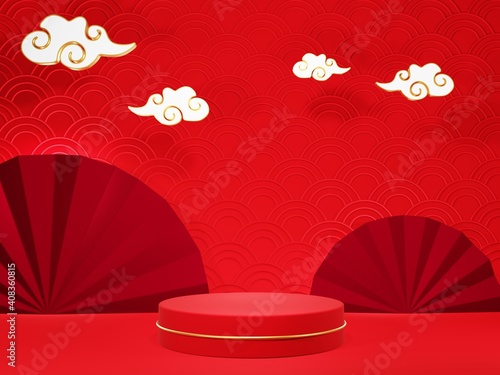 3D render - Chinese tradition podium  red geometric podium  a podium with happy new year  Chinese lunar new year concept.