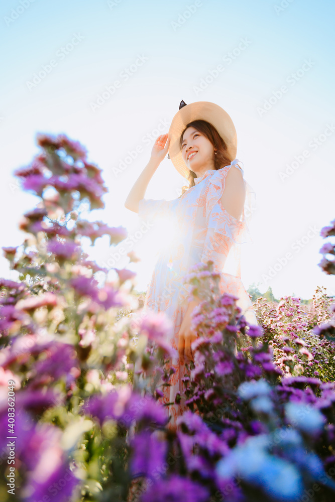 Fototapeta premium Beautiful pretty happy woman with straw hat in a margaret aster flowers fields at Chiang Mai, Thailand