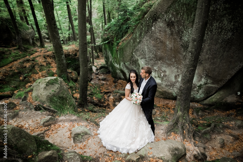 Romantic, fairytale, happy newlywed couple hugging and kissing in a park, trees in background Romantic, fairytale, happy newlywed couple hugging and kissing in a park, trees in background