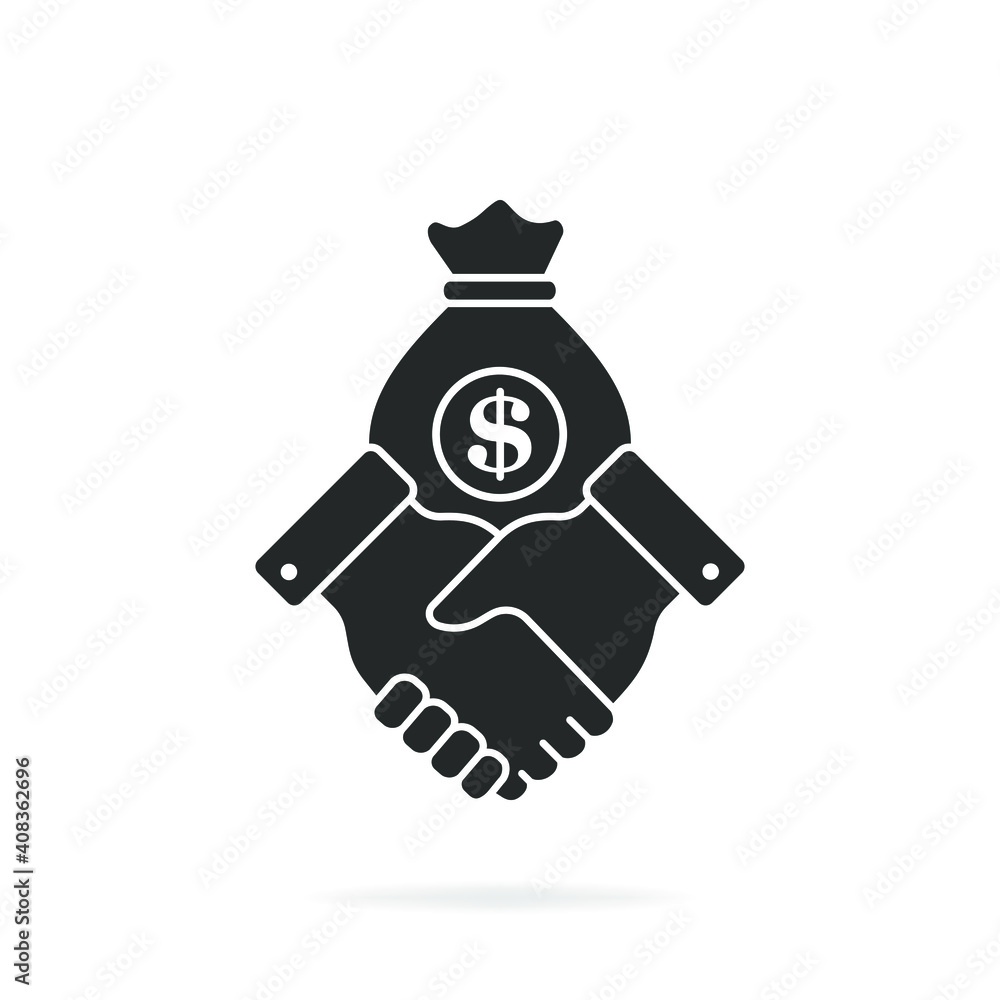 Financial deal icon concept. Businessman handshake with a sack of money isolated on white background. Vector illustration