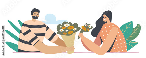 Man Giving Flower Bouquet to Young Woman, Female Character Weaving Wreath of Beautiful Blossoms. Loving Relations