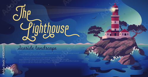 Lighthouse - vector landscape. Sea landscape with beacon on the cliff. Vector horizontal illustration in flat cartoon style
