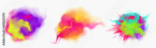 Color smoke flow and paint powder explosion isolated on transparent background. Vector realistic set of colorful splashes, dust clouds and spray. Flying smoky flow and ink burst