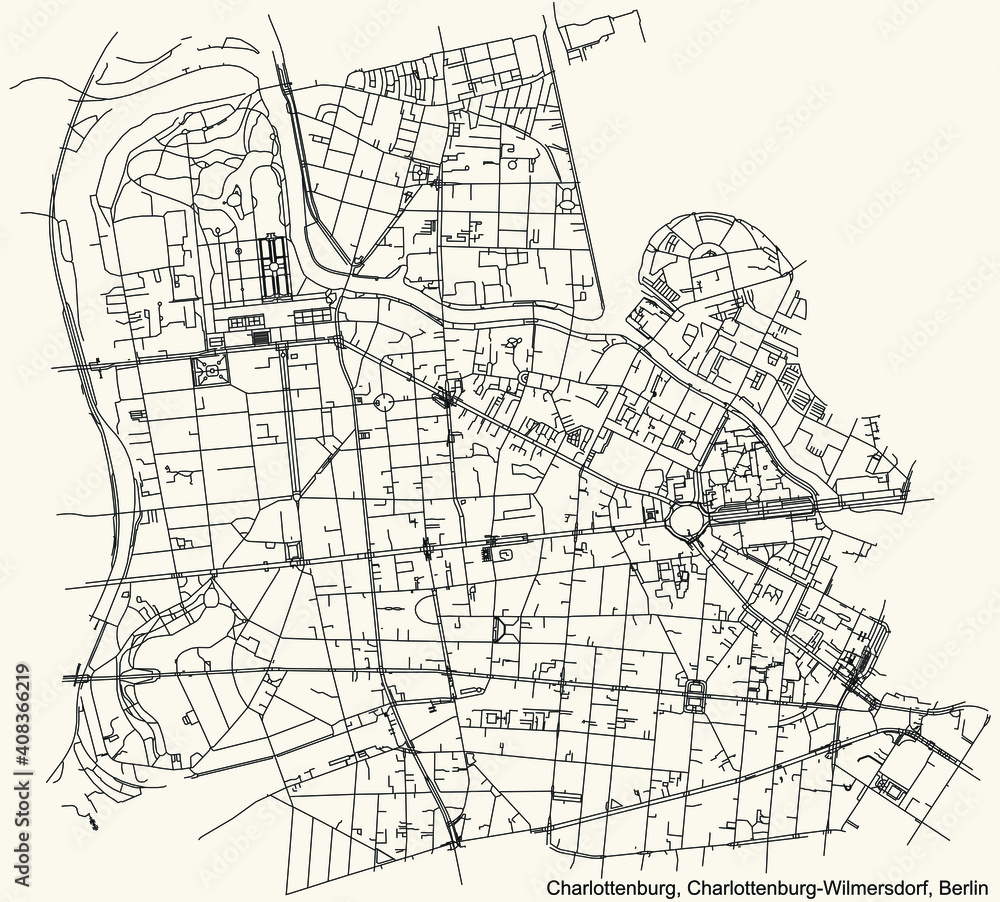 Black simple detailed street roads map on vintage beige background of the neighbourhood Charlottenburg locality of the Charlottenburg-Wilmersdorf borough of Berlin, Germany
