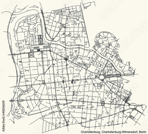 Black simple detailed street roads map on vintage beige background of the neighbourhood Charlottenburg locality of the Charlottenburg-Wilmersdorf borough of Berlin, Germany