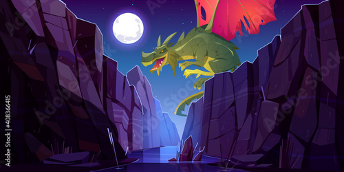 Fairytale dragon flying above river in canyon at night. Vector cartoon fantasy illustration of mountain landscape with magic green beast with red wings, water stream in gorge and moon in sky