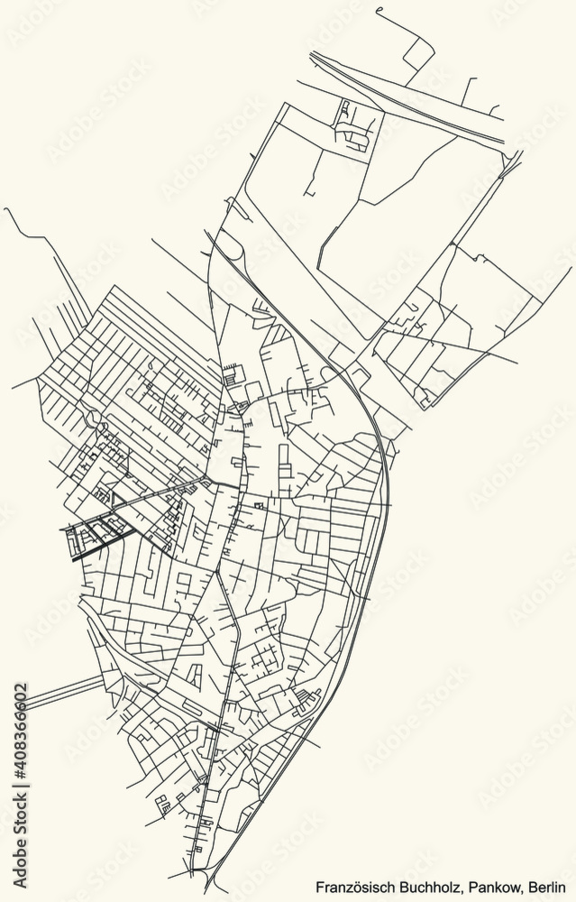 Black simple detailed street roads map on vintage beige background of the neighbourhood Französisch Buchholz locality of the Pankow borough of Berlin, Germany