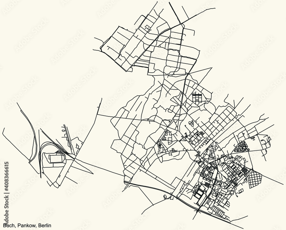 Fototapeta premium Black simple detailed street roads map on vintage beige background of the neighbourhood Buch locality of the Pankow borough of Berlin, Germany