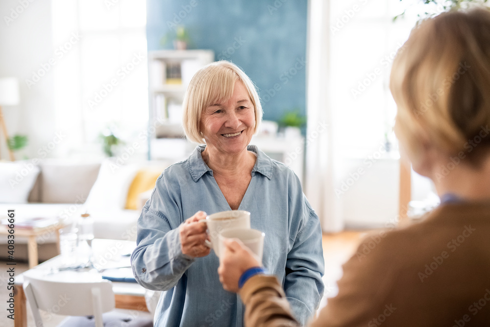 Senior woman with caregiver or healthcare worker indoors, drinking coffee. Senior woman with caregiver or healthcare worker indoors, drinking coffee.