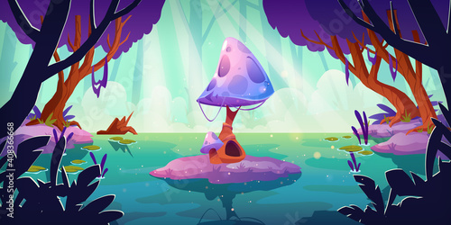 Fantasy landscape with huge mushroom in forest pond or swamp. Alien or magic unusual nature for computer game, fairy tale book background. Beautiful strange glowing plant, Cartoon vector illustration