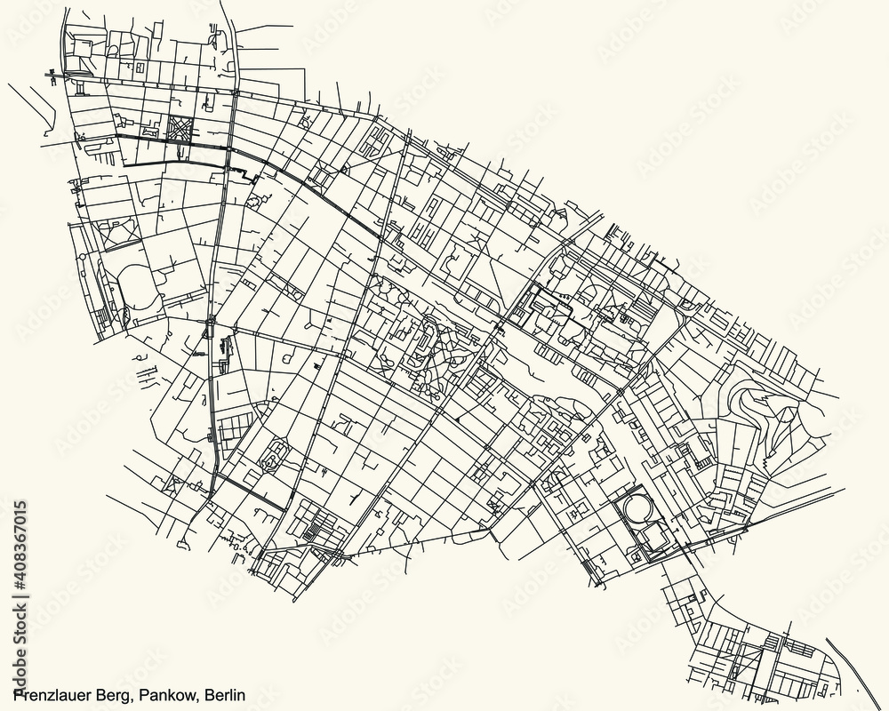 Black simple detailed street roads map on vintage beige background of the neighbourhood Prenzlauer Berg locality of the Pankow borough of Berlin, Germany