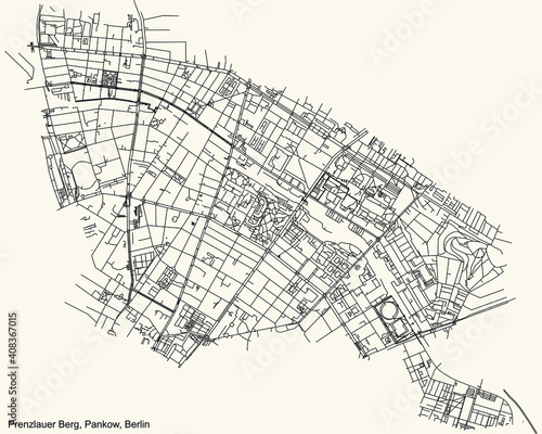 Black simple detailed street roads map on vintage beige background of the neighbourhood Prenzlauer Berg locality of the Pankow borough of Berlin, Germany