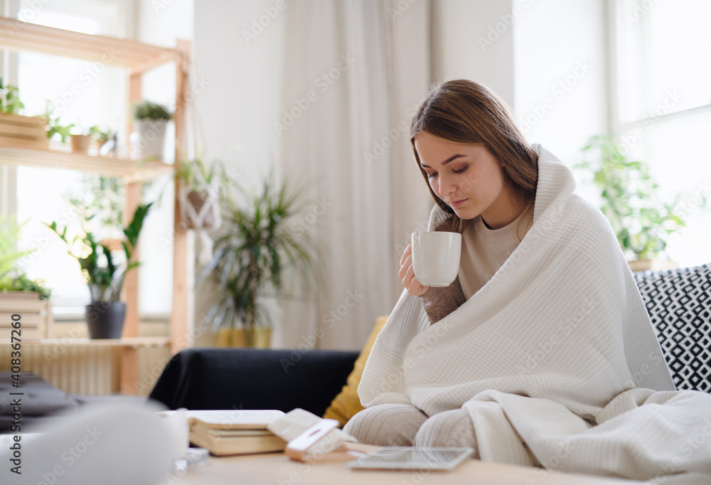 Ill young woman with blanket drinking tea at home, coronavirus concept. - obrazy, fototapety, plakaty 