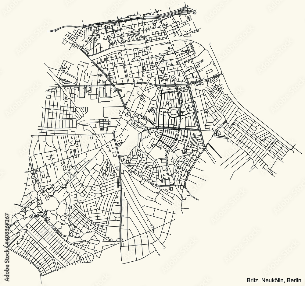 Black simple detailed street roads map on vintage beige background of the neighbourhood Britz locality of the Neukölln borough of Berlin, Germany