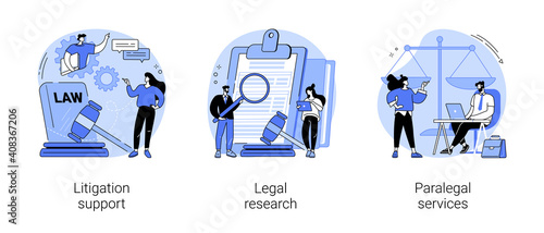 Law firm abstract concept vector illustration set. Litigation support, legal research, paralegal services, forensic accounting, consulting, data collection, attorney legal work abstract metaphor.