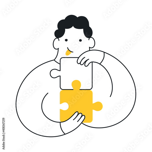 Problem-solving, cute cartoon man connecting puzzle pieces. Product management, challenge, problem-solving. Elegant vector illustration on white.