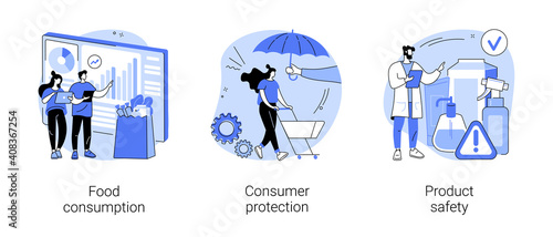 Customer choice abstract concept vector illustration set. Food consumption, consumer protection, product safety, nutrition habit, buyers rights, safe online purchase, certification abstract metaphor.
