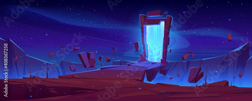 Magic portal on mountain cliff with flying rocks around, fantasy landscape background with glowing plasmic entrance under starry sky. Fantastic book or computer game scene, cartoon vector illustration